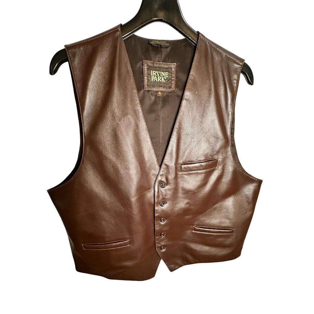 Irvine Park Mens XL Vest Brown Genuine Leather Motorcycle Western Vintage